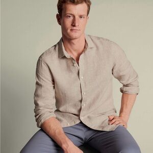 CHARLES TYRWHITT OATMEAL 100% LINEN BUTTON DOWN LONG SLEEVE SHIRT SIZE XXL